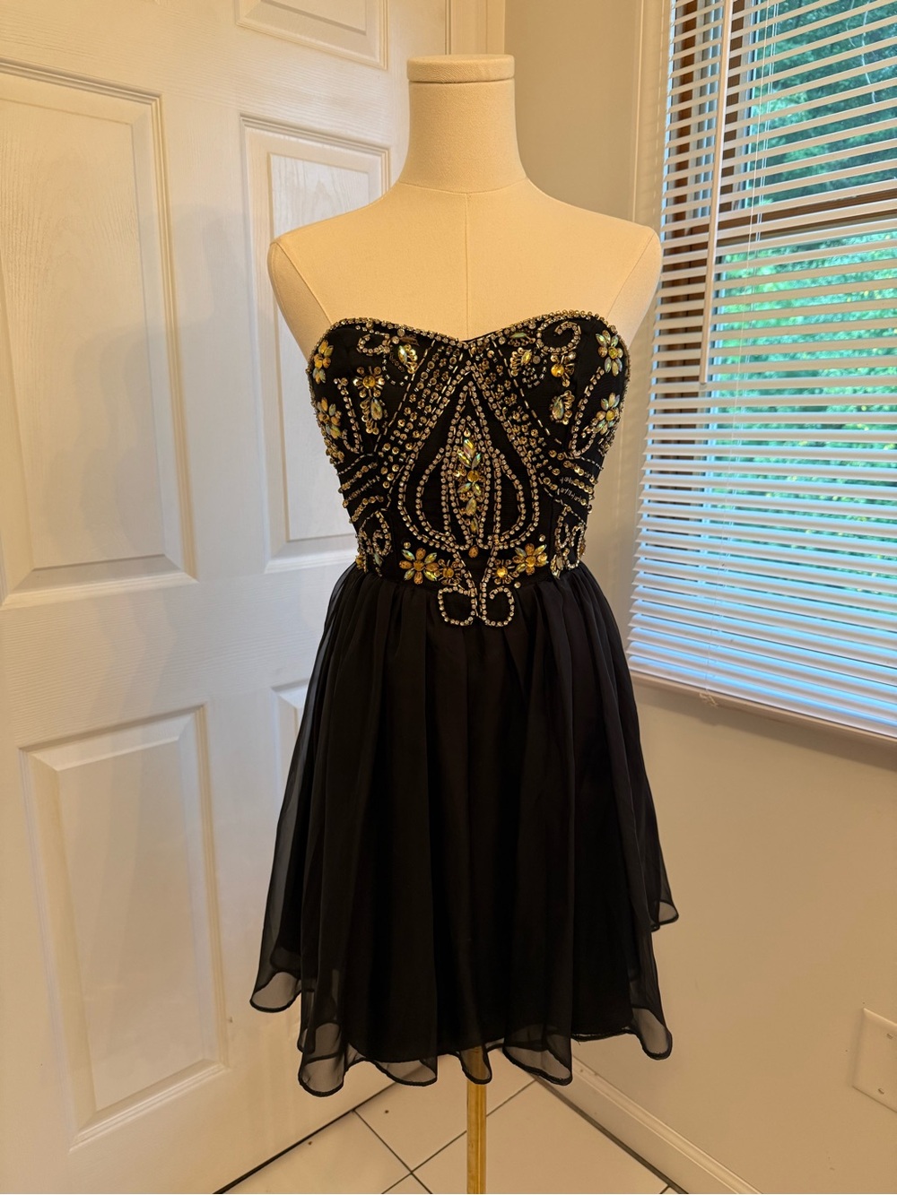Strapless Black Cocktail Dress with Beaded Bodice
